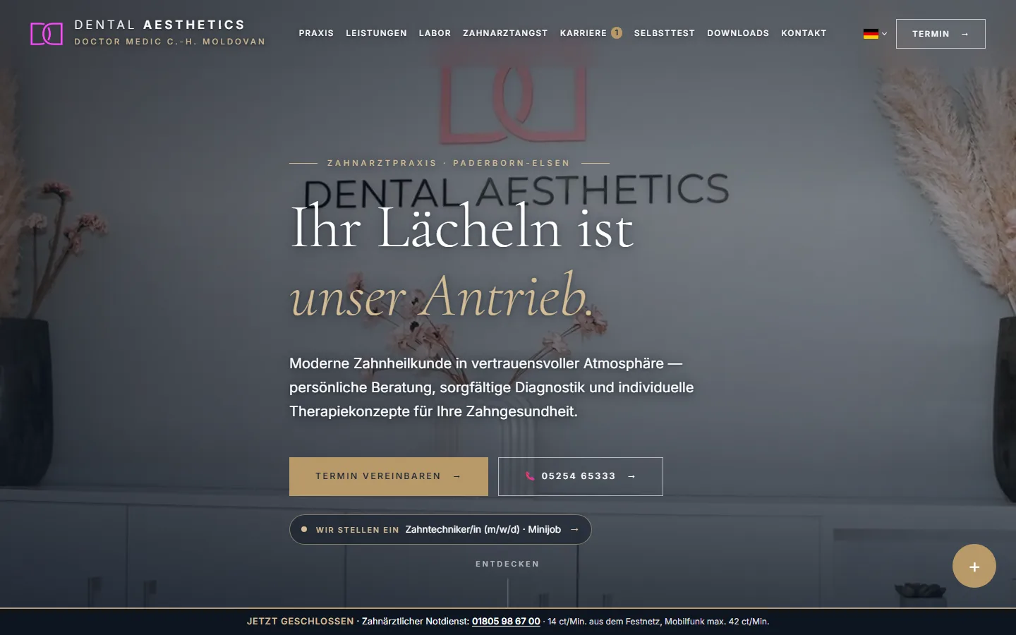 Home page of the Dental Aesthetics dental practice website on a desktop